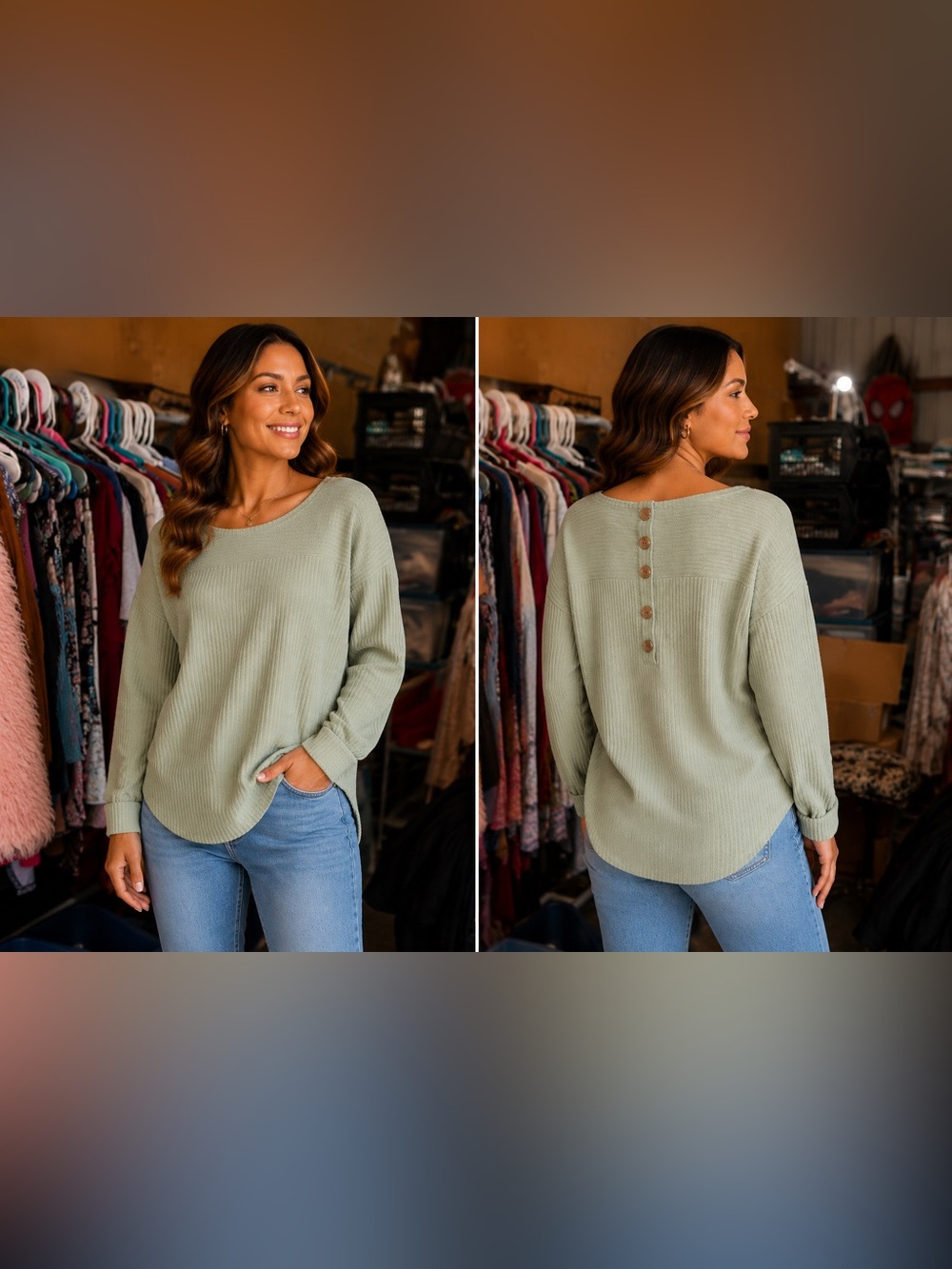 Set The Stage Women’s Ribbed Sage Green Knit Top Size Lg